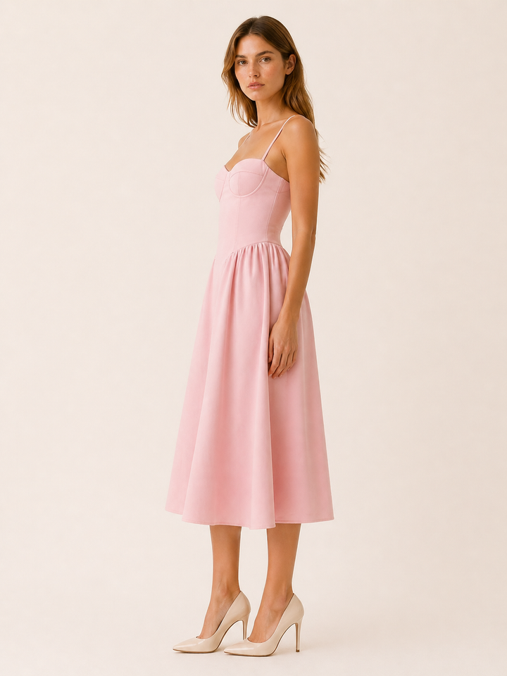 Pink Midi Dress with Corset Bodice and A-Line Skirt – side view