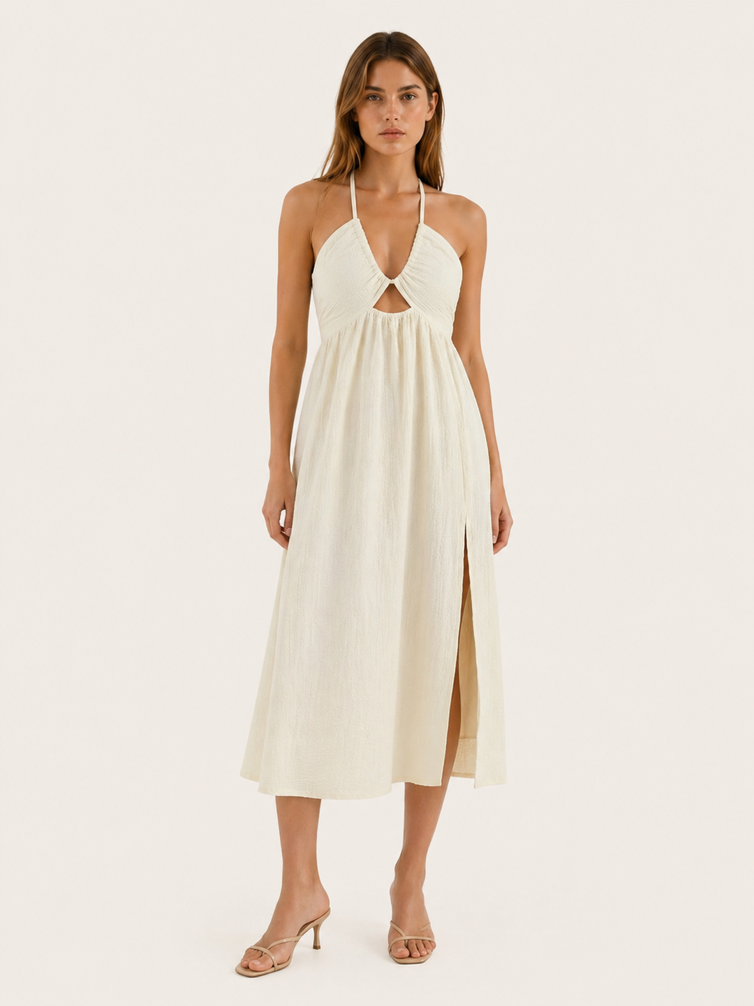 Cream Cut Out Midi Dress with Open Back – front view