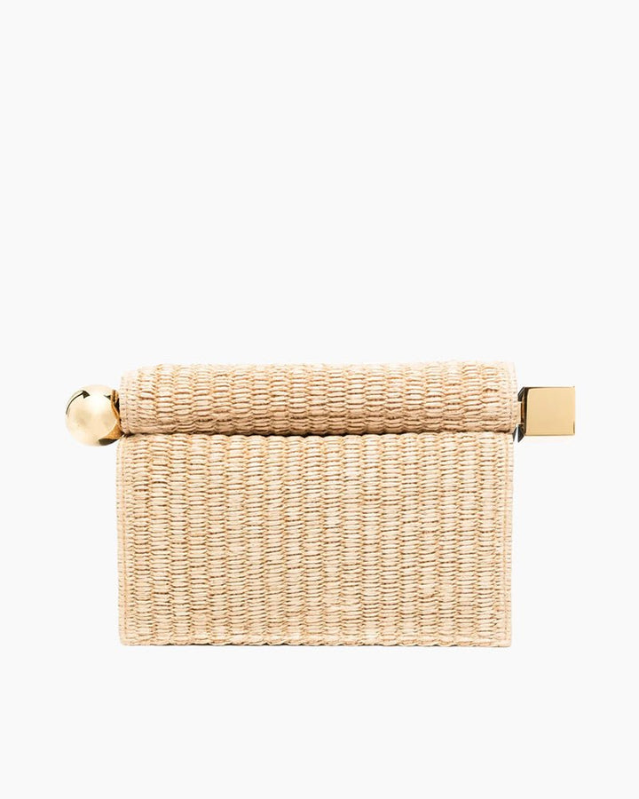 Beige Woven Straw Mini Bag - Roll Top Design