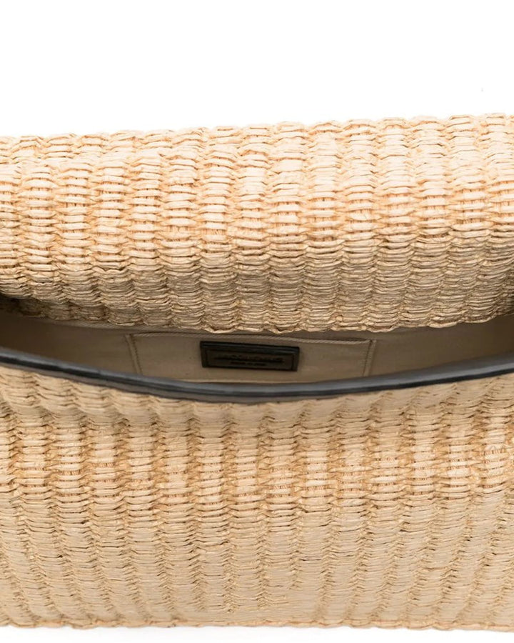 Beige Woven Straw Mini Bag - Roll Top Design