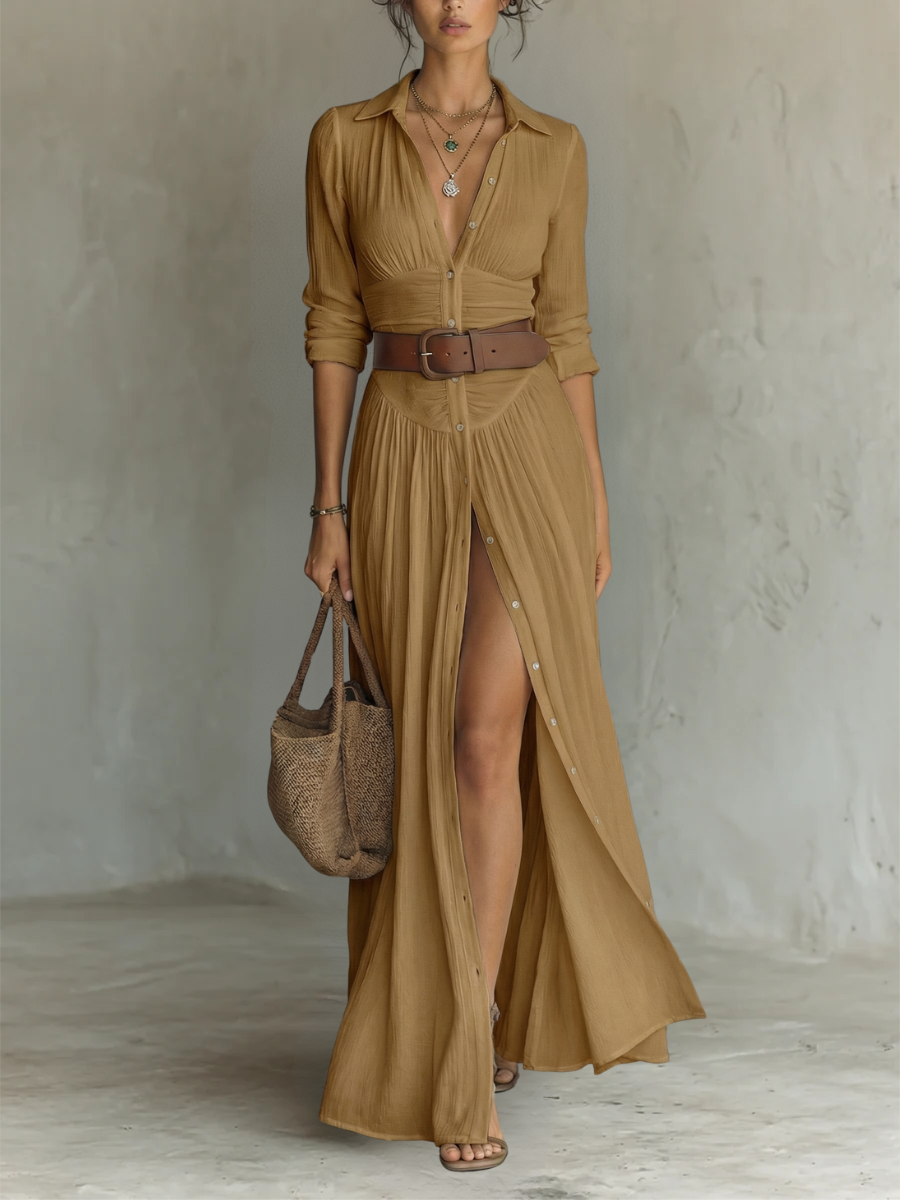 White Notched Collar Maxi Dress — styled shot