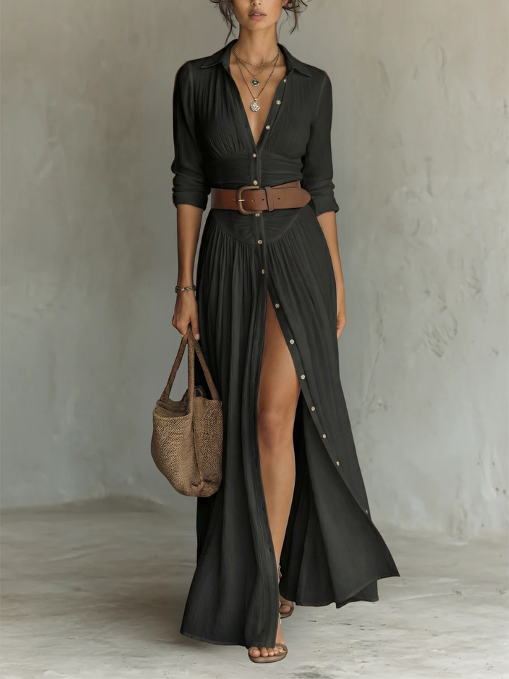 White Notched Collar Maxi Dress — styled shot