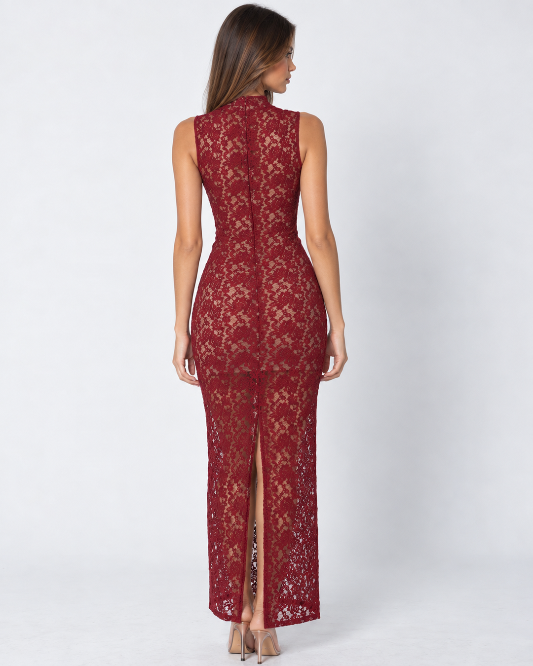 No Hard Feelings Lace Maxi — women's maxi dress, close-up of the fabric and neckline
