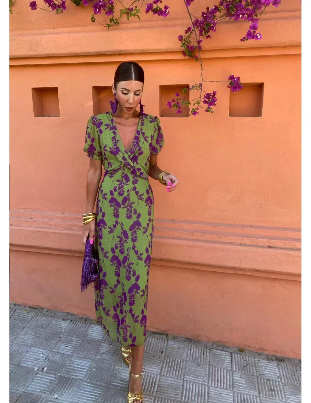 Lucinda - Boho V-Neck Floral Pleated Dress — lifestyle shot