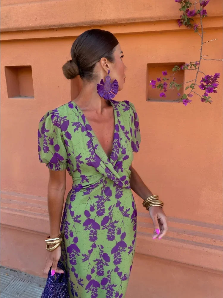 Lucinda - Boho V-Neck Floral Pleated Dress — back view
