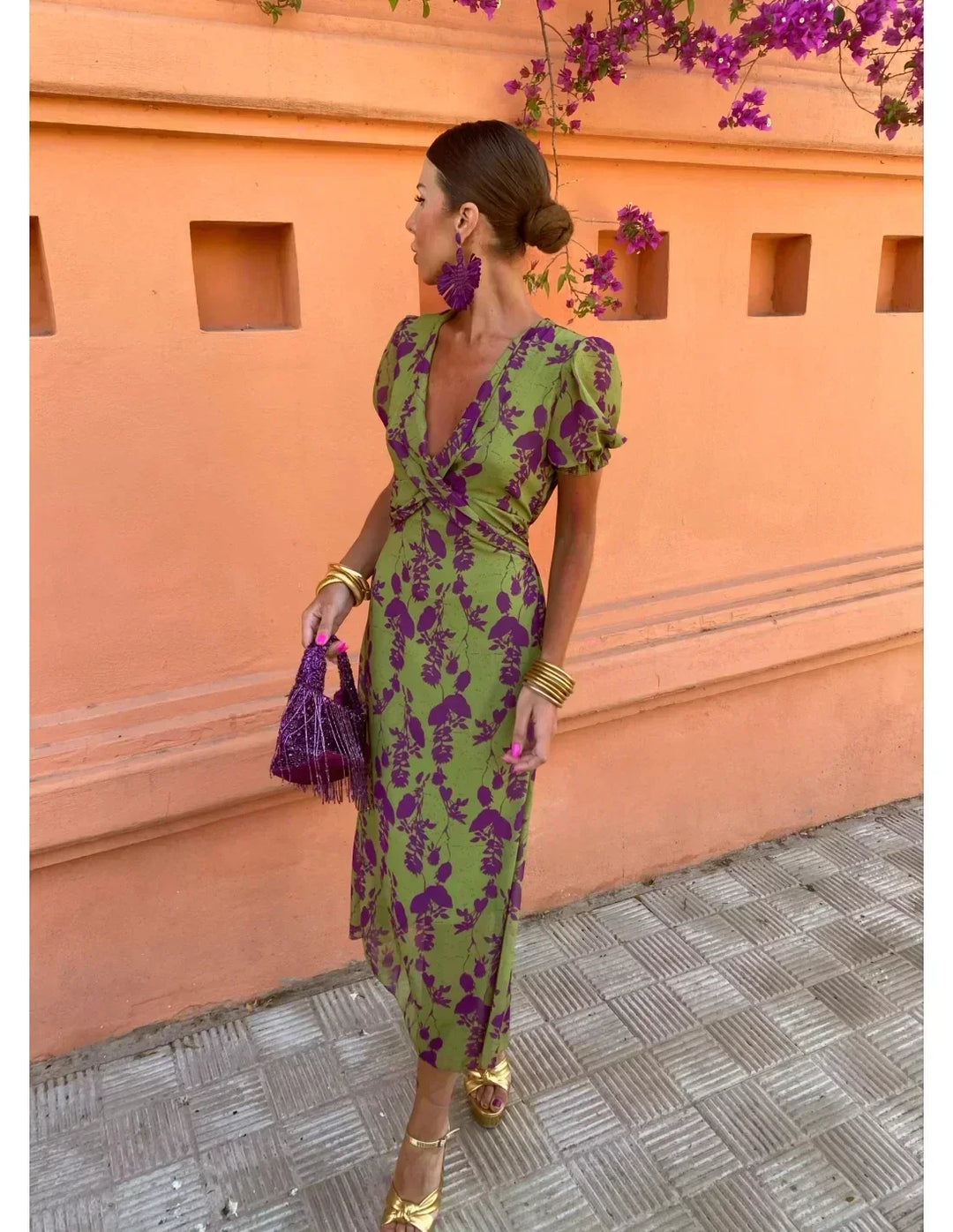 Lucinda - Boho V-Neck Floral Pleated Dress — front view