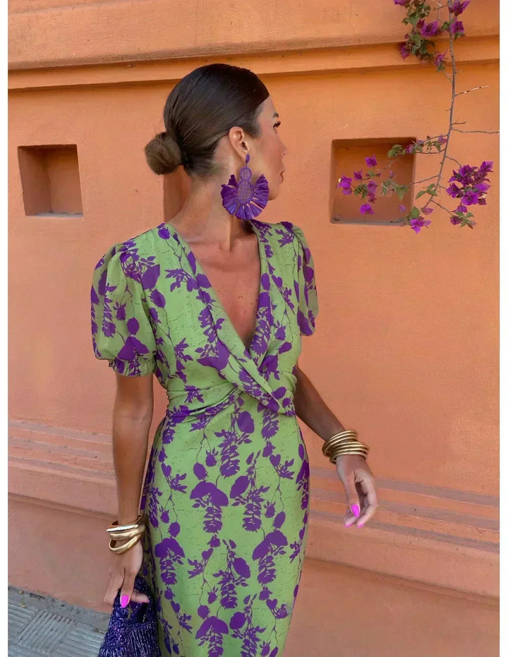 Lucinda - Boho V-Neck Floral Pleated Dress — full length view