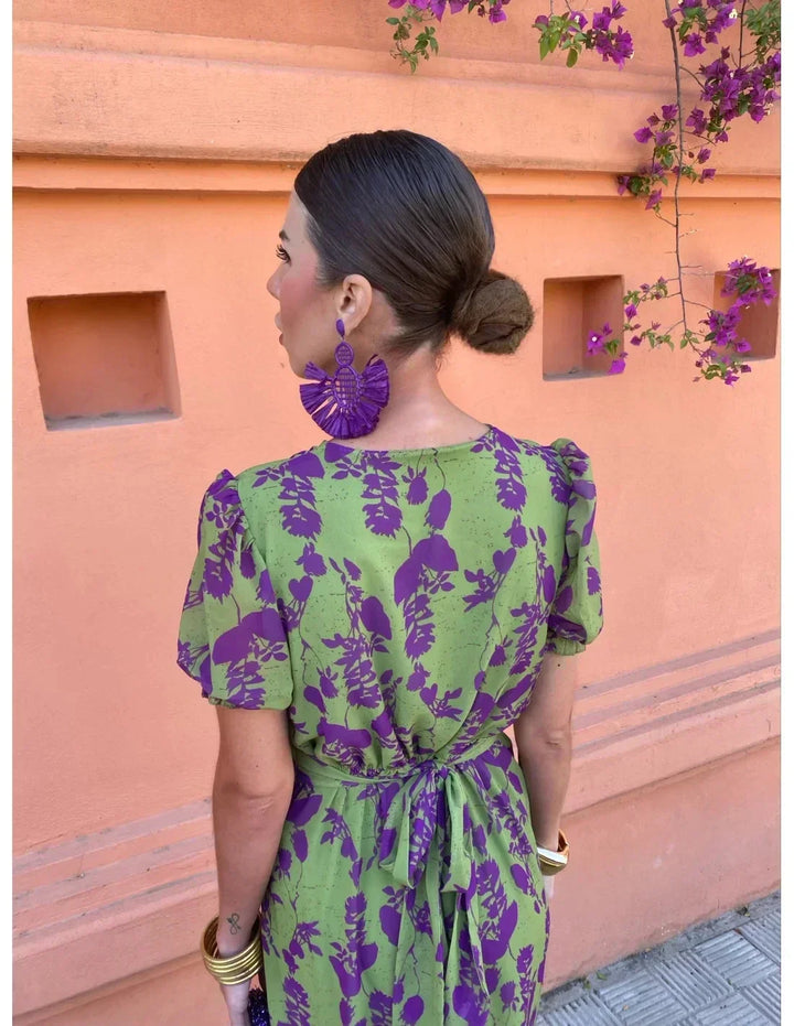 Lucinda - Boho V-Neck Floral Pleated Dress — close-up detail