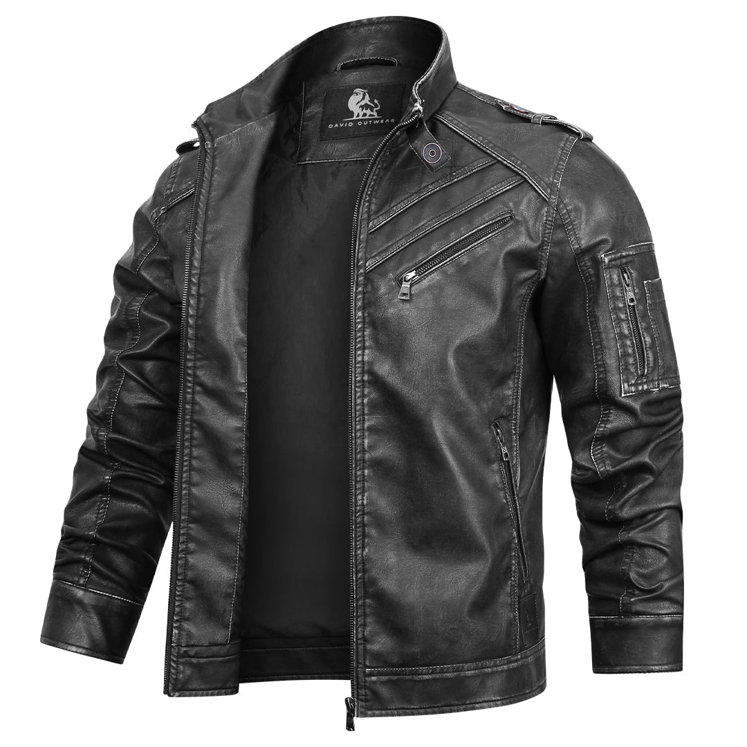 Black Engine leather jacket, front view on model