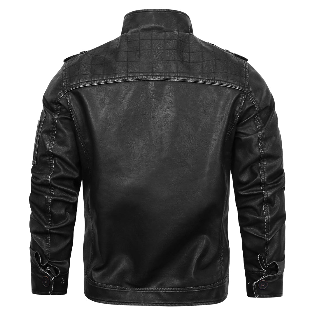 Black Engine leather jacket, back view with embroidery
