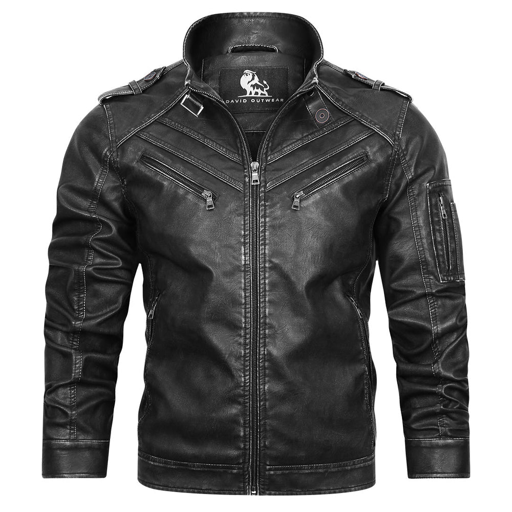 Black Engine leather jacket, front view showing metal zippers