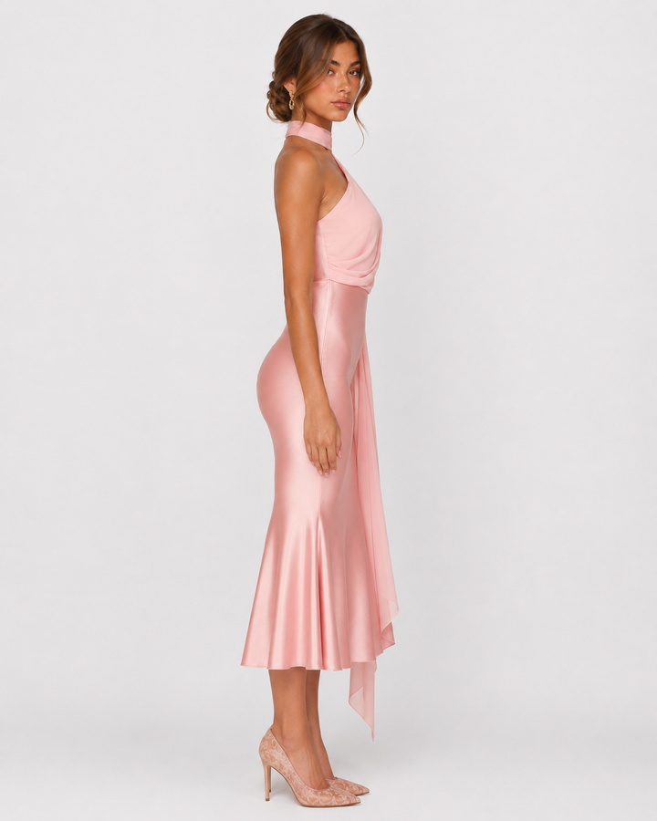 Seraphina Satin Midi — women's midi dress, close-up of the fabric and neckline