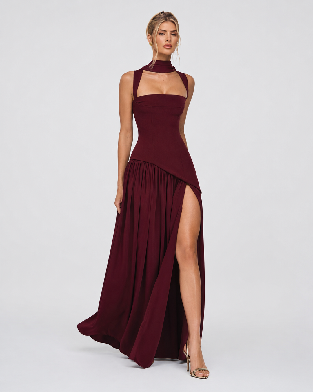 Aria Maxi Dress - women's maxi dress, model wearing it, three-quarter view