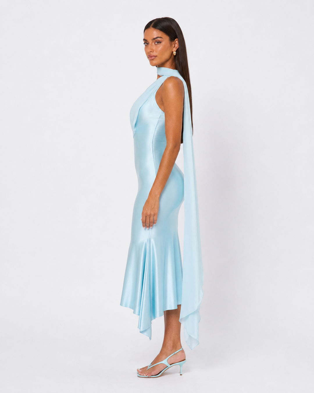 Seraphina Satin Midi — women's midi dress, detail of the stitching and finish