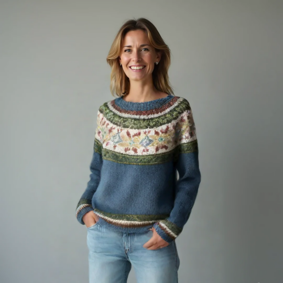 Nadia | Women's Polyester Fair Isle Boat Neck Fall Sweater, Relaxed Knit – Casual