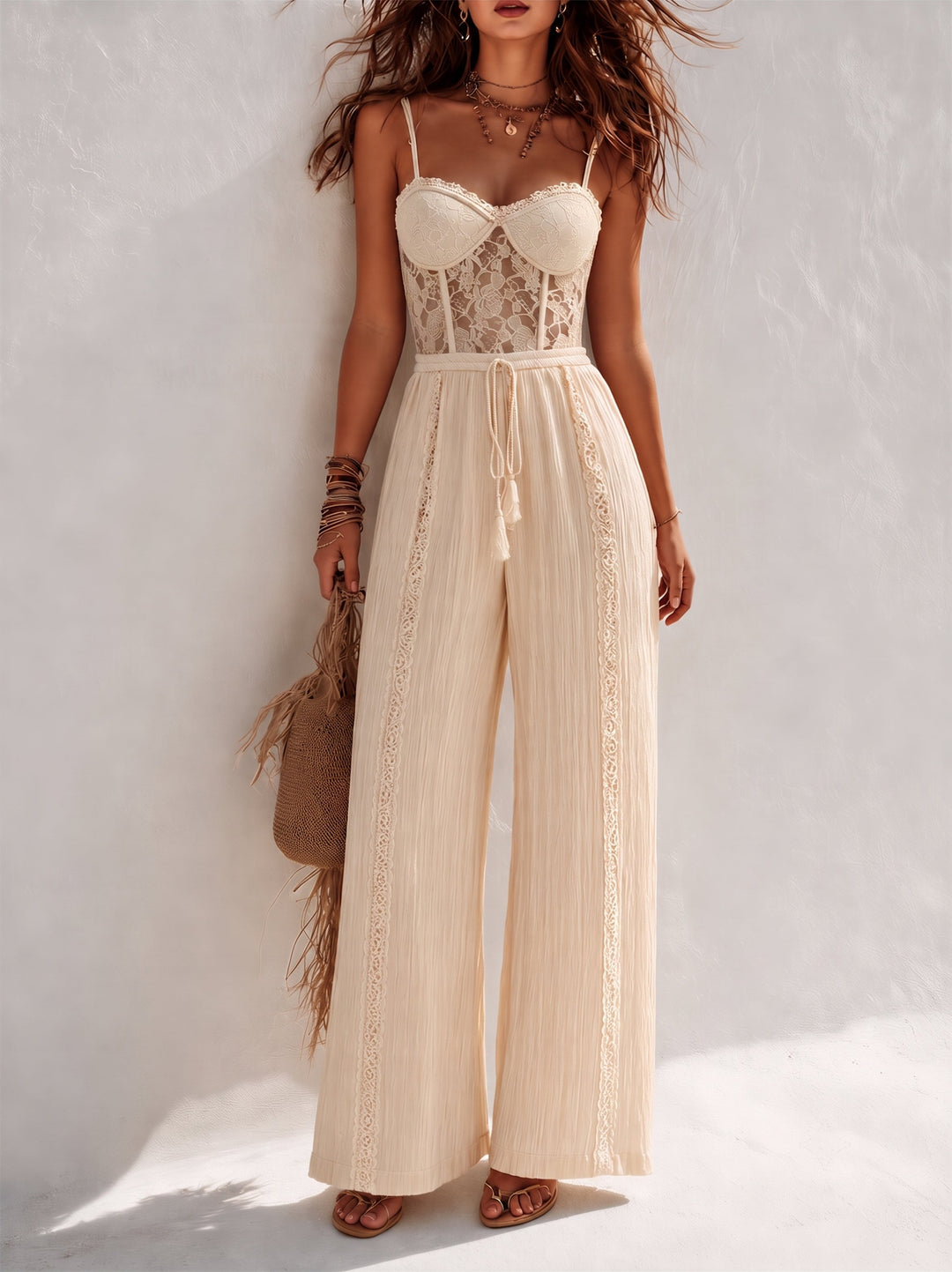 Bohemian Cream Lace Corset And Pleated Wide-Leg Jumpsuit
