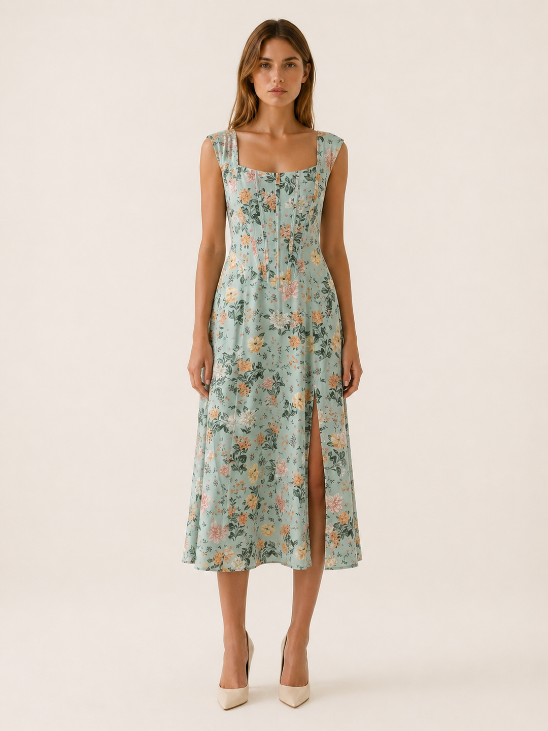 Green Floral Midi Sundress with Bustier Bodice – front view