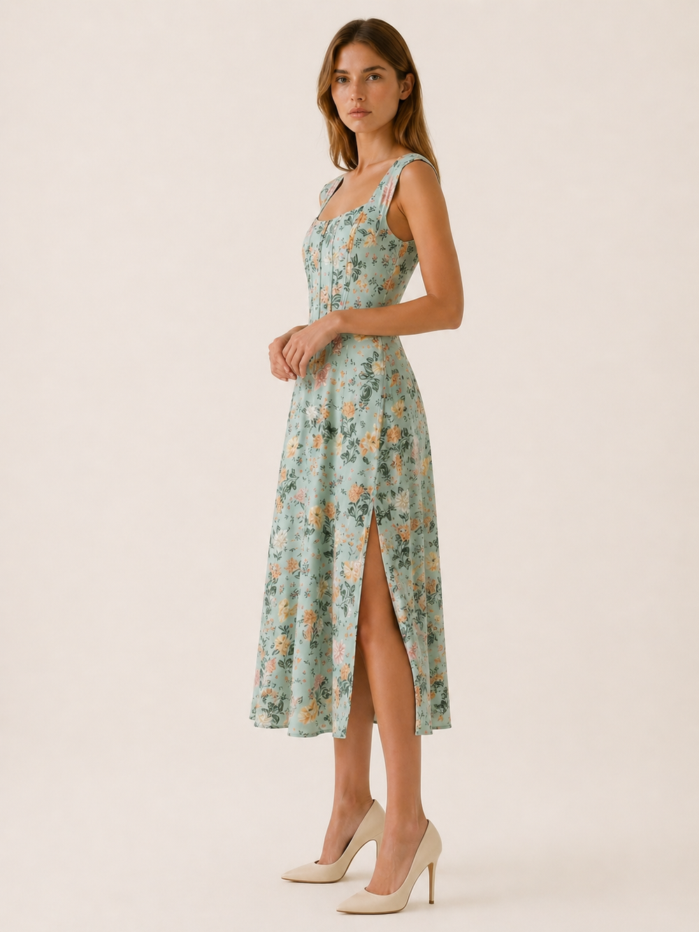 Dark Pink Floral Midi Sundress with Bustier Bodice – side view