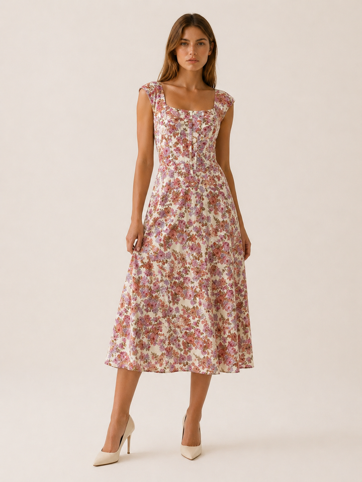 Dark Pink Floral Midi Sundress with Bustier Bodice – detail view