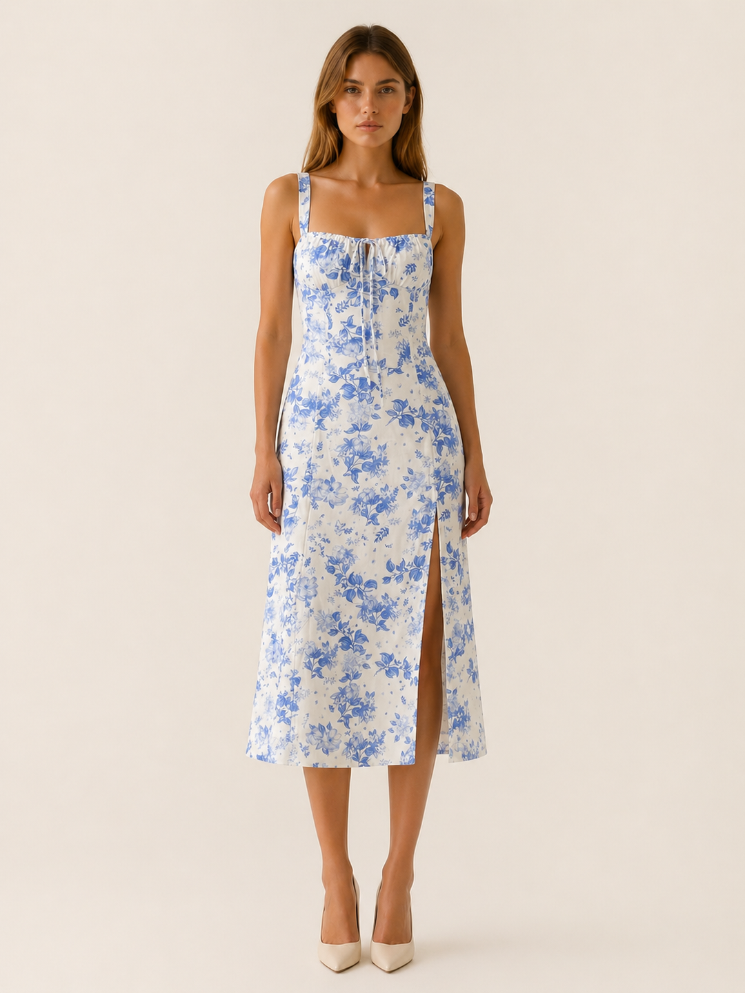Baby Blue Floral Midi Sundress with Lace Up Detail – front view