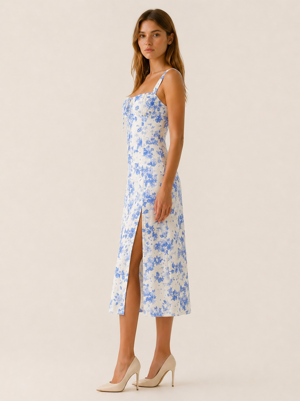 Light Pink Floral Midi Sundress with Lace Up Detail – side view