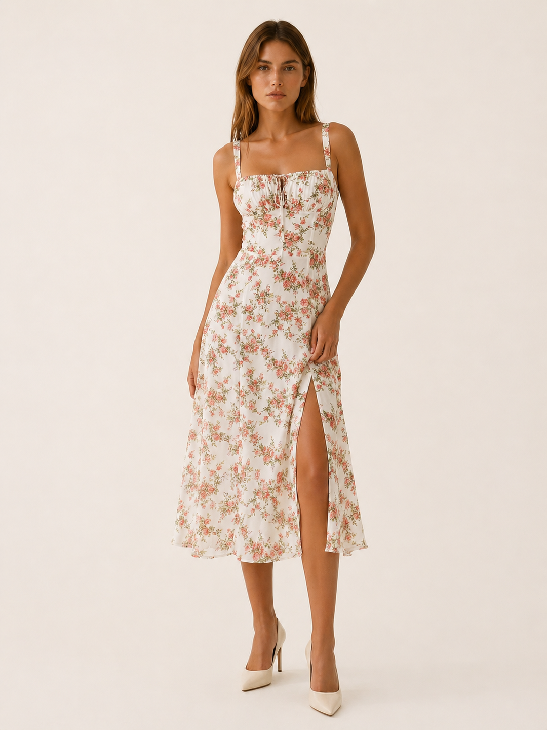 Light Pink Floral Midi Sundress with Lace Up Detail – detail view