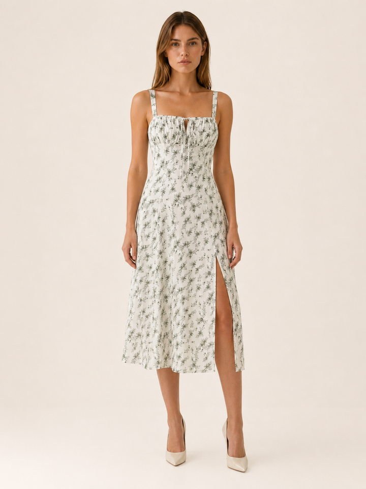 Baby Blue Floral Midi Sundress with Lace Up Detail – close-up