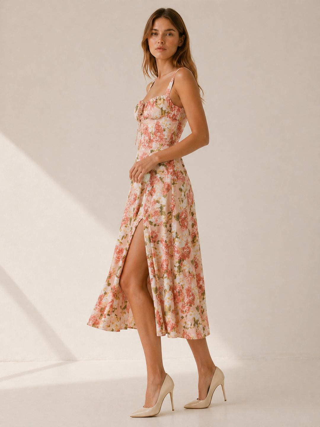 Yellow Floral Midi Sundress with Lace Up Front – side view