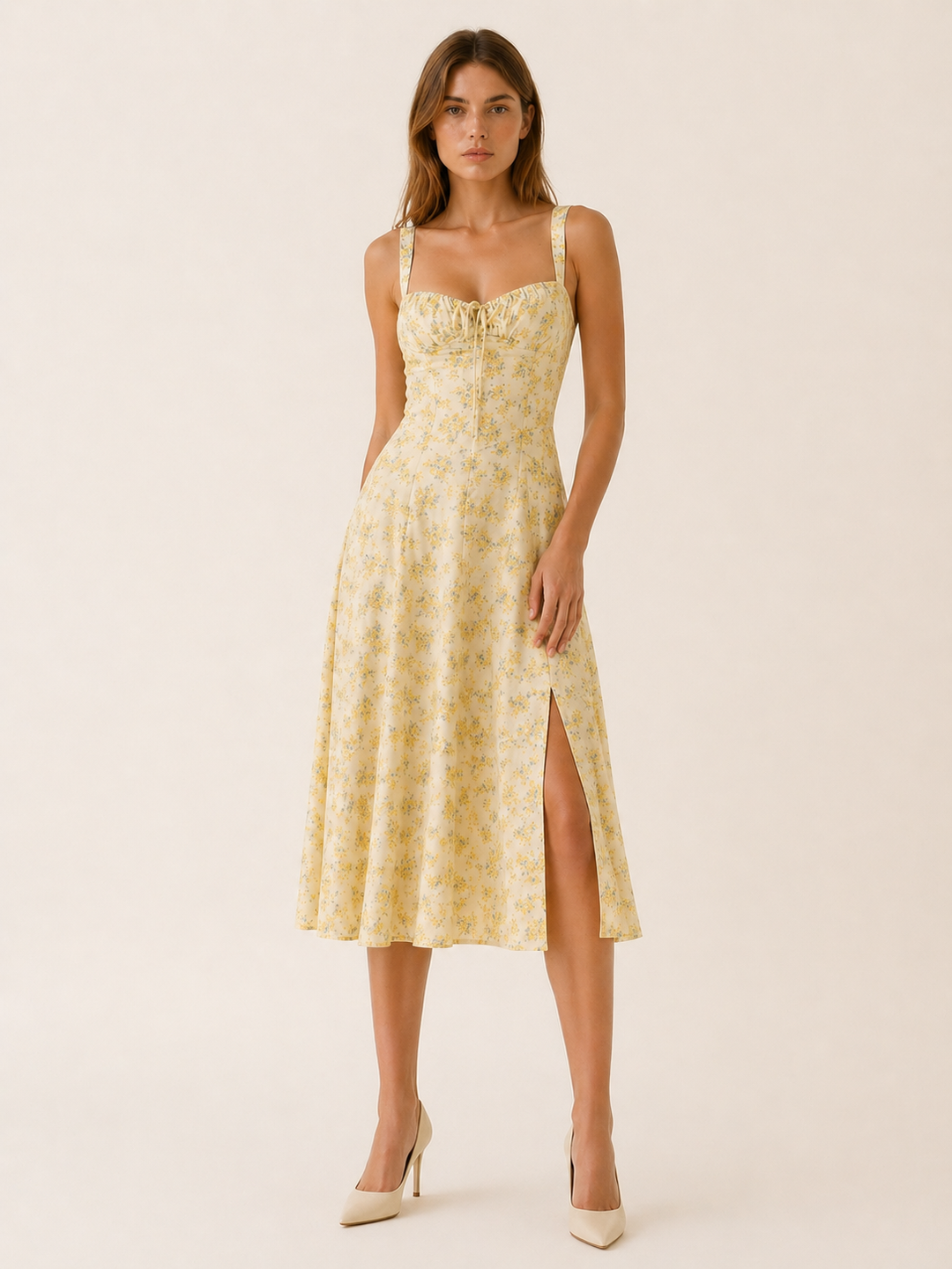 Yellow Floral Midi Sundress with Lace Up Front – detail view