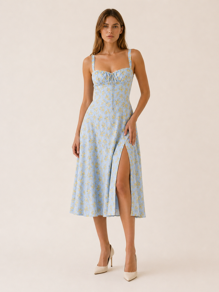Hot Pink Floral Midi Sundress with Lace Up Front – close-up