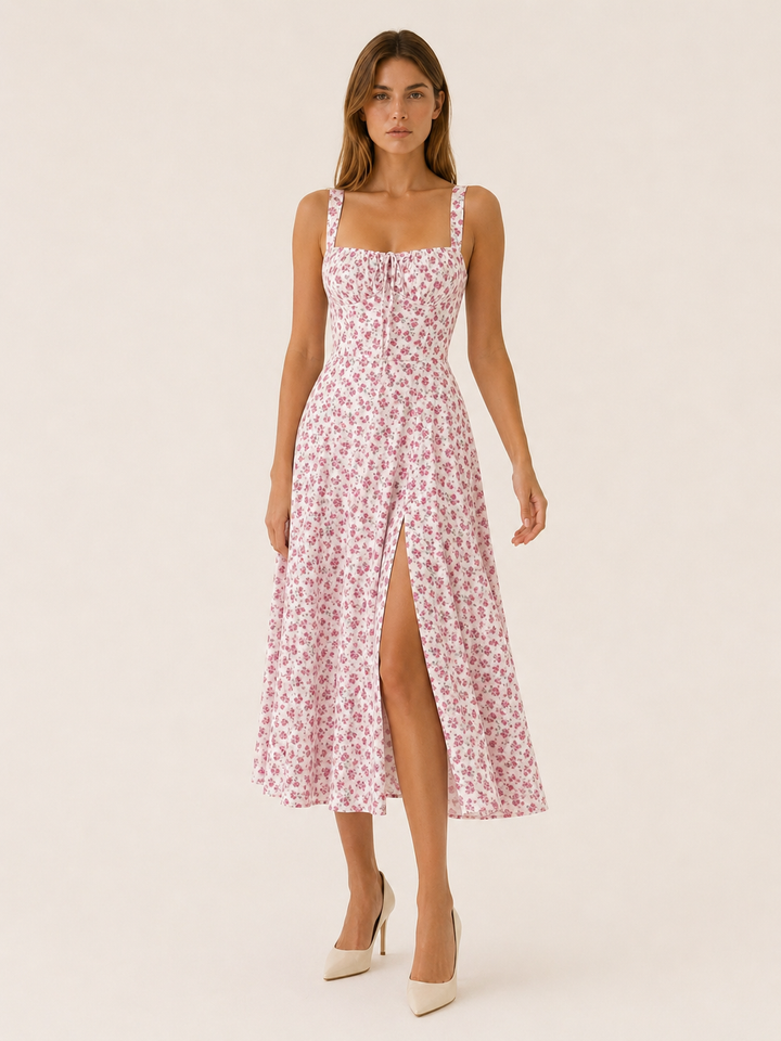 Yellow Floral Midi Sundress with Lace Up Front – lifestyle