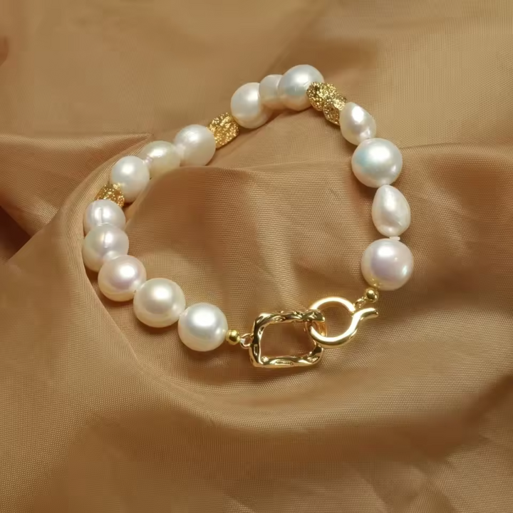 Close-up of the geometric clasp on the baroque pearl bracelet