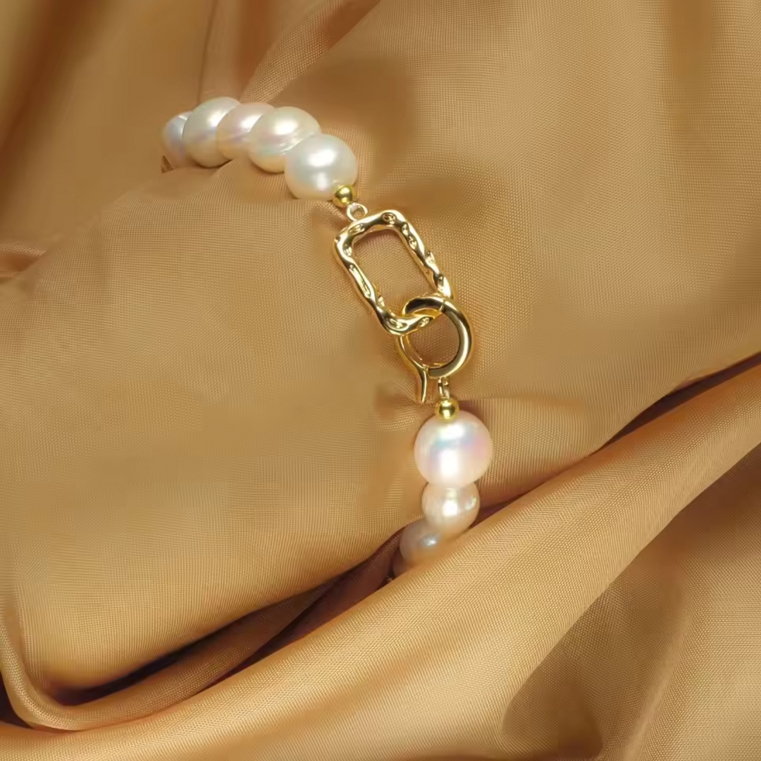 Baroque pearl bracelet shown laid flat to display the beads