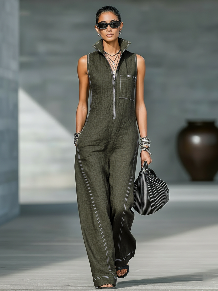 White Trim Minimalist Jumpsuit — lifestyle shot