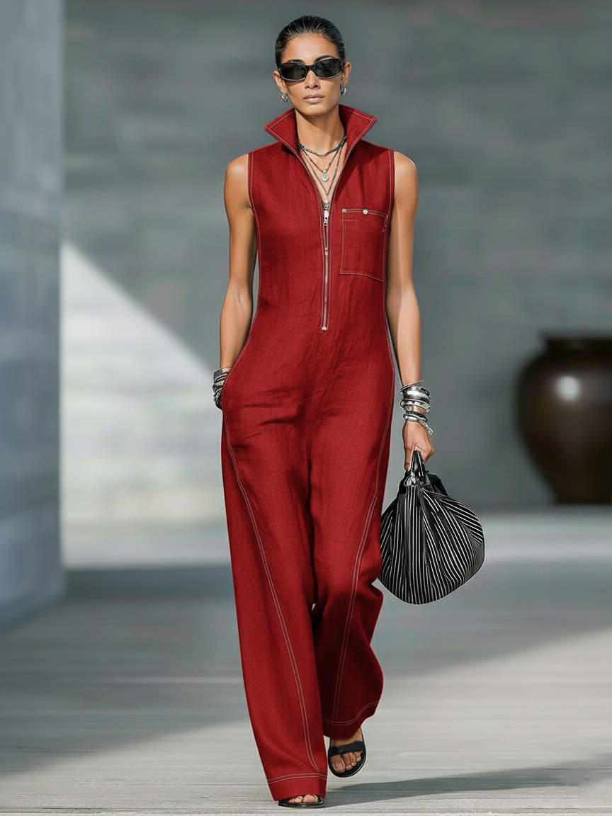 White Trim Minimalist Jumpsuit — lifestyle shot