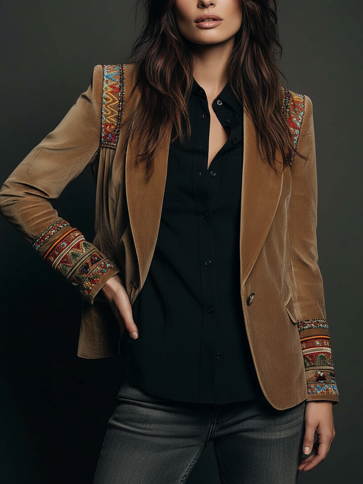 Polyester velvet Embroidered Blazer With Bohemian Detailing | Harry & Kate London