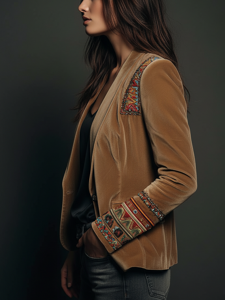 Polyester velvet Embroidered Blazer With Bohemian Detailing | Harry & Kate London