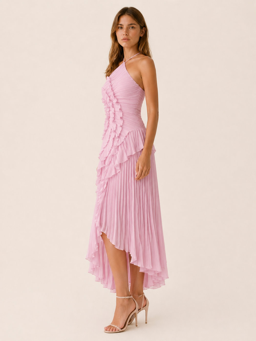 Pink Halter Neck Maxi Dress with Ruffle Detail – side view