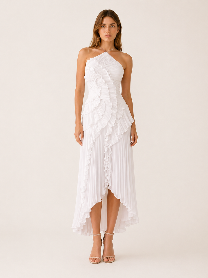 Pink Halter Neck Maxi Dress with Ruffle Detail – detail view