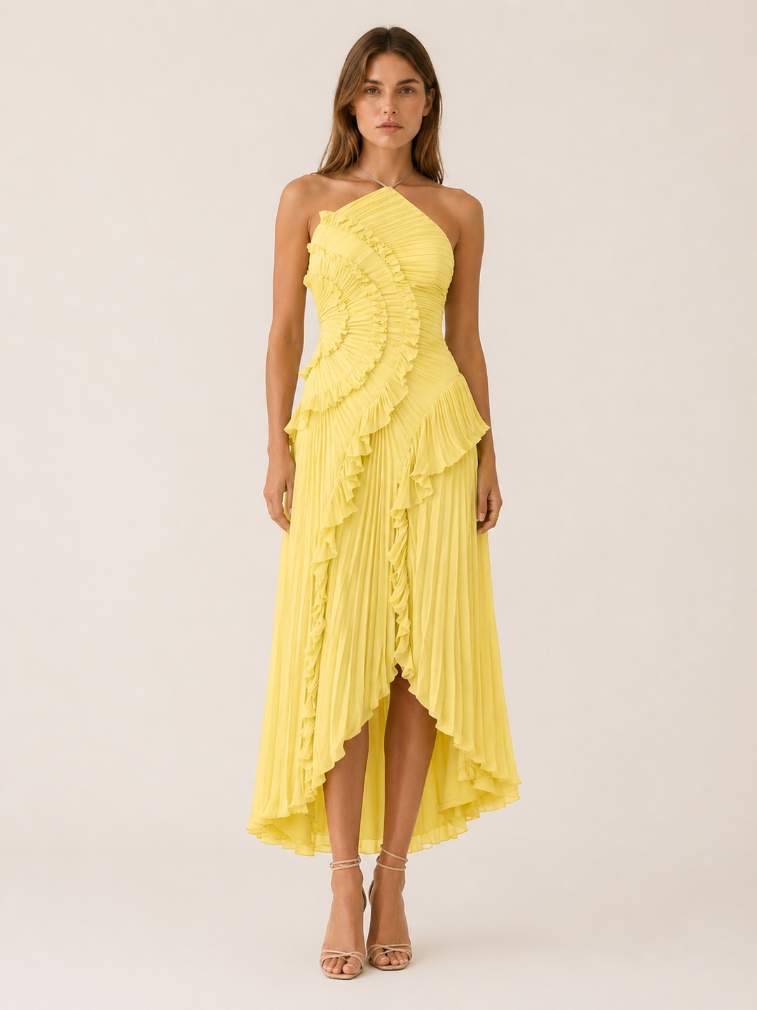 Pink Halter Neck Maxi Dress with Ruffle Detail – close-up