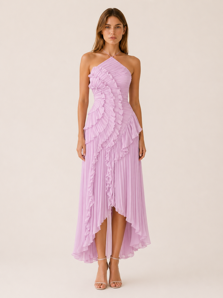 Pink Halter Neck Maxi Dress with Ruffle Detail – lifestyle