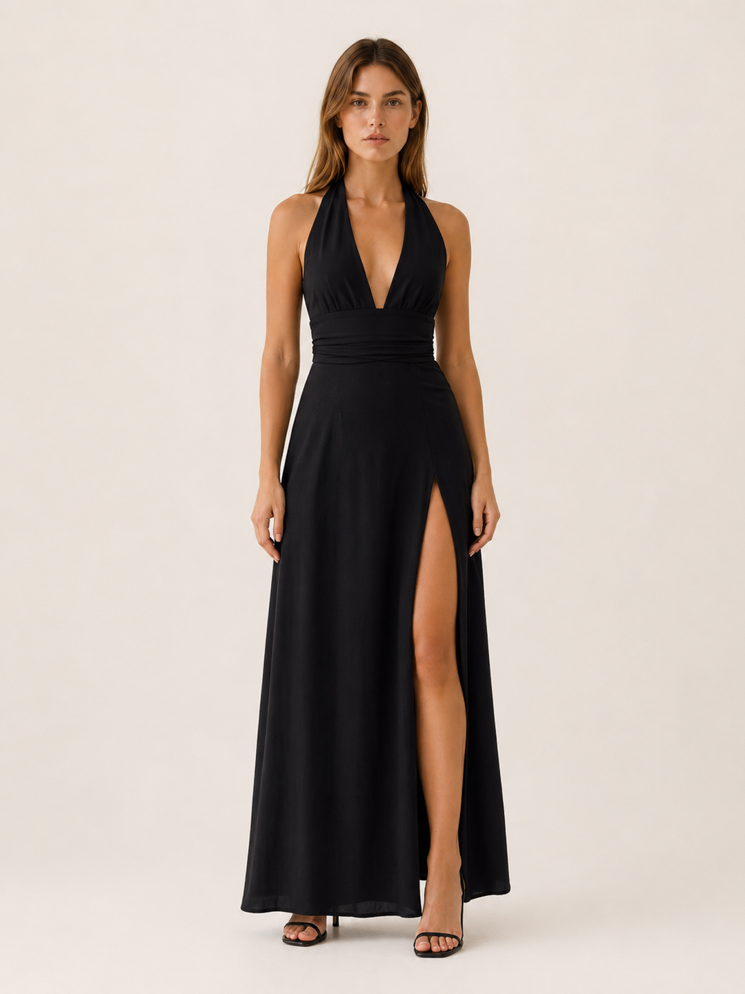 Black Halter Neck Maxi Dress with Side Slit – front view