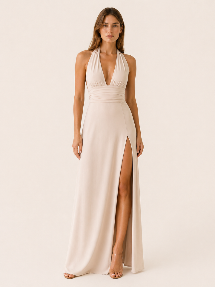 Black Halter Neck Maxi Dress with Side Slit – full length view