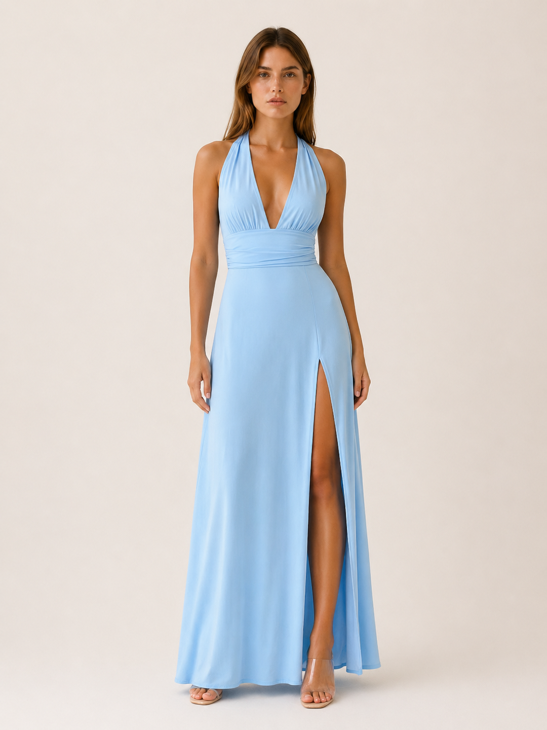 Black Halter Neck Maxi Dress with Side Slit – detail view