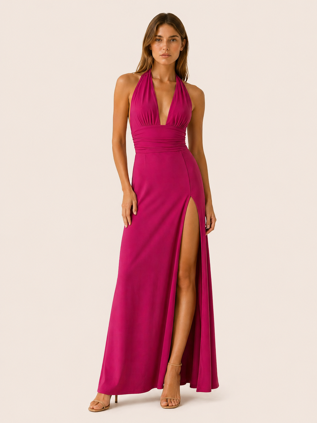 Black Halter Neck Maxi Dress with Side Slit – editorial view