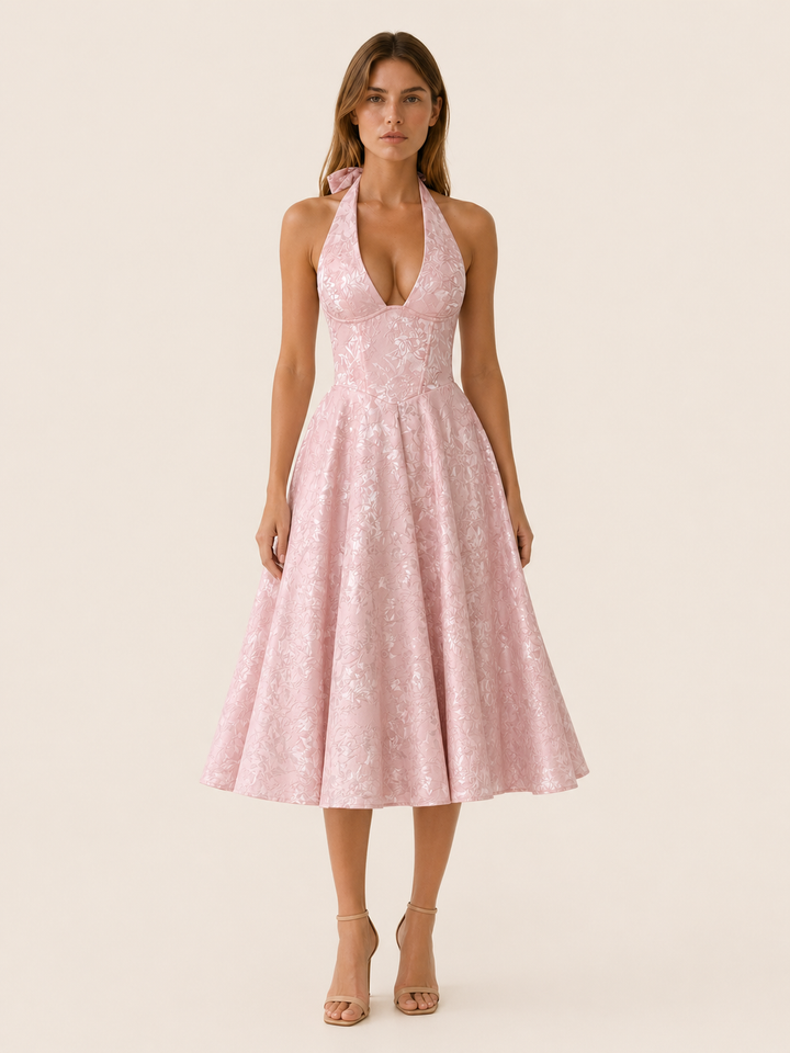 Pink Halter Neck Midi Dress with Corset Bodice – front view