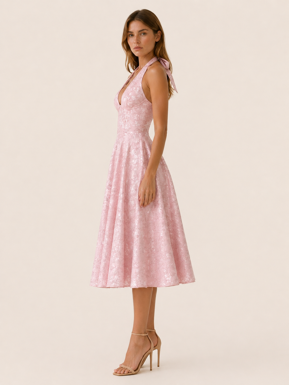 Red Halter Neck Midi Dress with Corset Bodice – side view