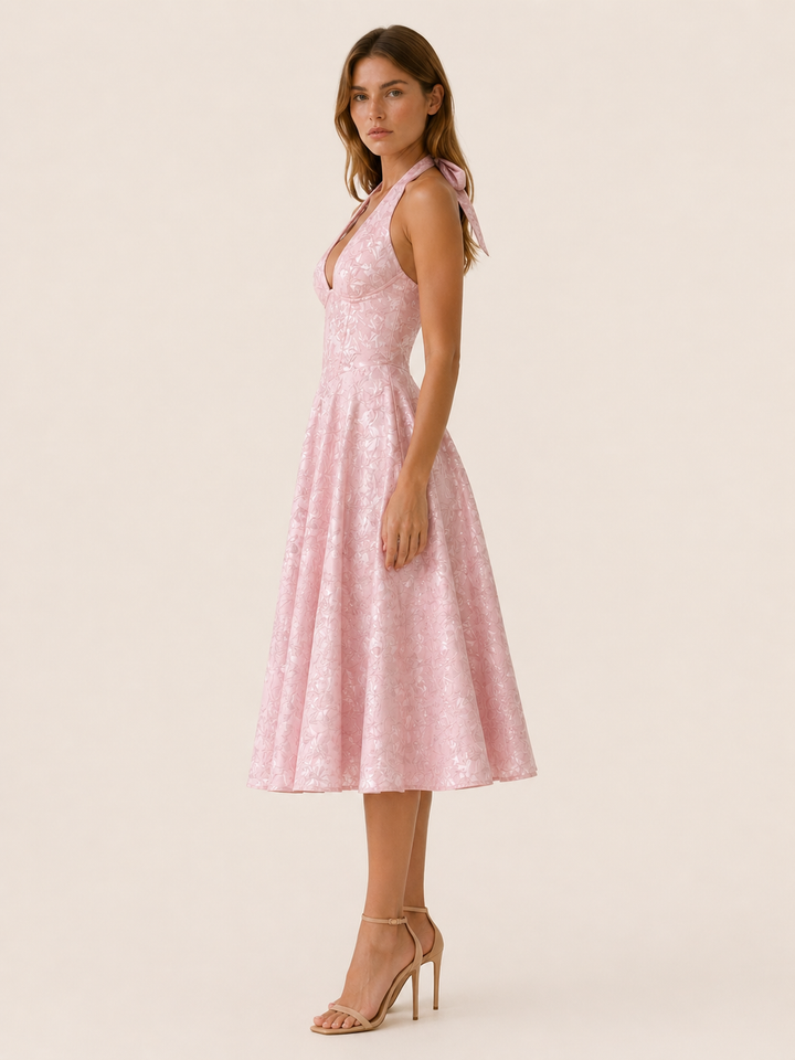 Red Halter Neck Midi Dress with Corset Bodice – side view