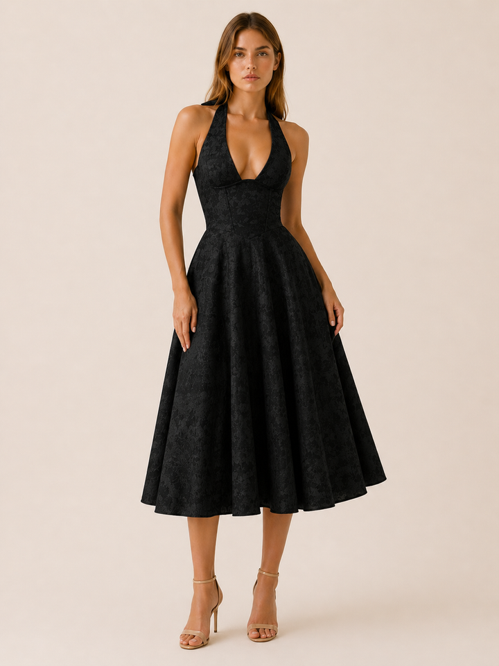Pink Halter Neck Midi Dress with Corset Bodice – full length view