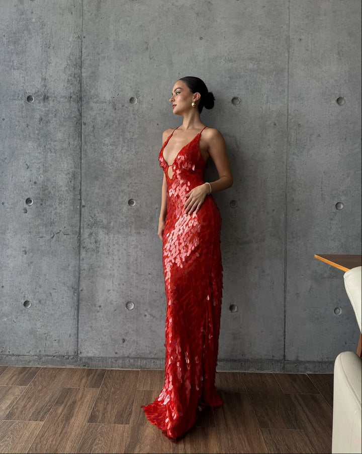 Burgundy Sequin Plunge Homecoming Dress